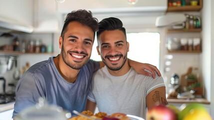 LGBT couple cooking Focus on a happy male couple, Hispanic, smiling and looking at the camera, baking cookies in their kitchen, with left space for text