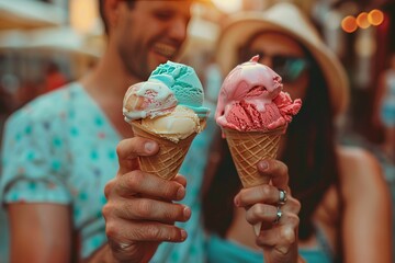 Happy couple savoring a delightful array of ice cream flavors on a bustling city street