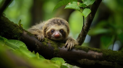 Fototapeta premium An adorable close-up photo of a young sloth peeking out from behind leaves on a tree branch in its natural habitat