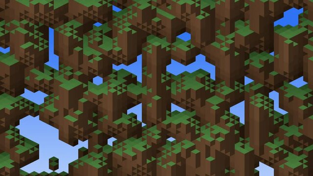 3D cubes loop. Video game isometric geometric mosaic pattern. Construction of hills landscape using brown and green grass blocks against blue sky background.