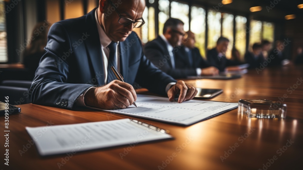 Poster an image of professionals in a board meeting, focusing on signing documents with serious expressions