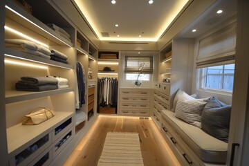 Luxury Minimalist Closet with Custom Shelving and Chic Seating Area

