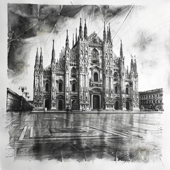 Black and white sketch of Milan Cathedral on a cloudy day