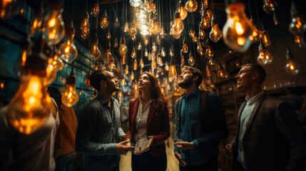 A group of friends gather and chat in a cozy room filled with warm, glowing light bulbs hanging from the ceiling