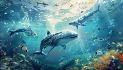 Fototapeta premium Animals of the underwater sea world. Ecosystem. Colorful tropical fish. Life in the coral reef