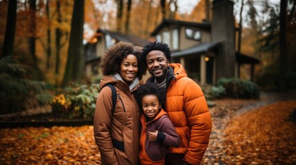 Happy family with a child posing in front of their home during autumn