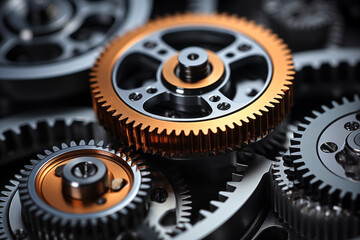 Closeup of metal gear wheels, industrial background.