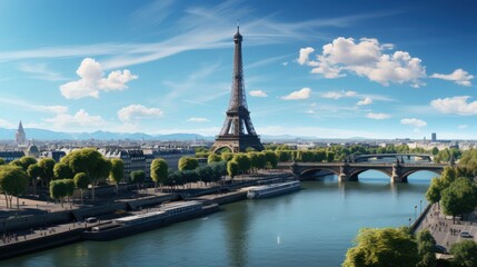 The iconic Eiffel Tower in Paris with a stunning blue sky and the Seine river in the foreground