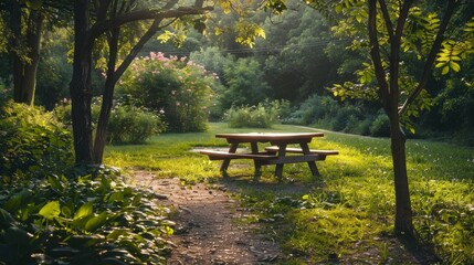 Naklejka premium Garden Picnic Area with Picnic Table Surrounded by Nature