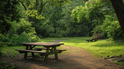 Garden Picnic Area with Picnic Table Surrounded by Nature

