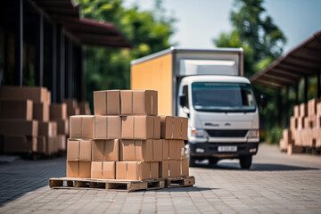 Truck with boxes at the warehouse. Logistics and transportation concept.