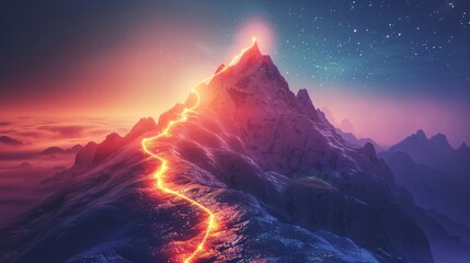 a mountain peak at night. The peak is covered in snow and there is a glowing orange line running up the center. 