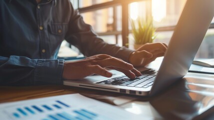 A businessman in a modern office is using a laptop to analyze SEO data, with charts and graphs displayed on the screen, representing the process of optimizing website ranking and traffic