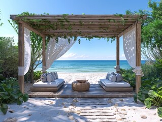 Obraz premium Beachfront Cabana with Comfortable Seating and Shade