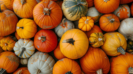 Multicolor Pumpkin Patch in fall. Organic and eco-friendly vegetable harvest