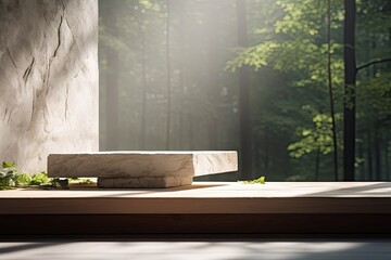 interior mock up, simple background, uncomplicated, daylight from windows, abstract forest landscape style, sunlight beams upon it
