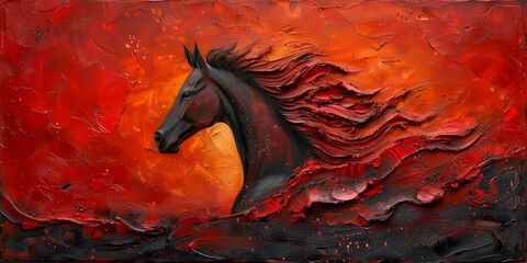 Acrylic textured painting of a horse on a vibrant red background