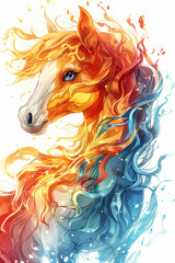 A painting featuring a horse with a vibrant, multicolored mane