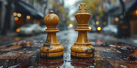 A couple of chess pieces placed on a table surface