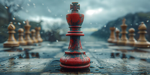 Red and black chess piece on a checkered board