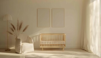 Front view of modern minimalist nursery room with two wall mockup frames