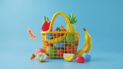 Colorful plastic toy fruits and vegetables in a bright yellow basket, against a blue background. Kid's playful food set. An eco shopping net bag.