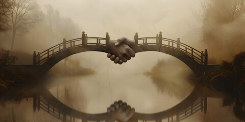 Heartfelt Illustration of Two Bridges Holding Hands in a Serene Landscape, Illustration of Connection