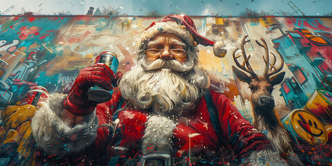 Santa Claus holding a cell phone in a painting