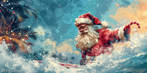 A painting featuring Santa Claus riding a surfboard on ocean waves