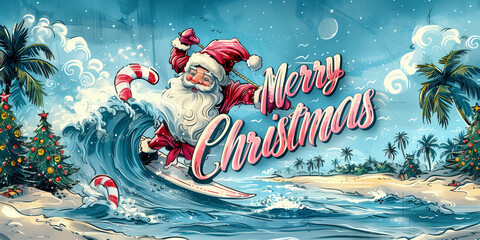 Santa Claus enjoying a surf on a wave in a creative painting Merry Christmas sign 