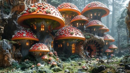 Red toadstool mushroom forest, Fantastic wonderland forest landscape with mushrooms. Generative AI