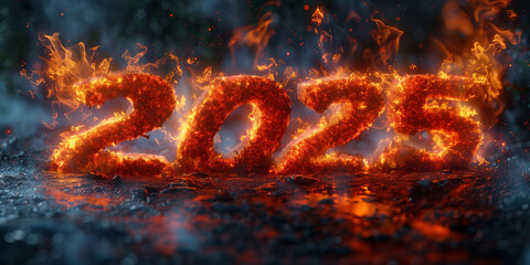 The numbers 2025 are on fire and burning in the rain