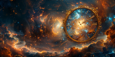 Clock with spinning fractal dial surrounded by stars in space