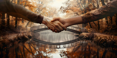 Two Friends Holding Hands with Iconic Bridge in the Background, Love and Connection