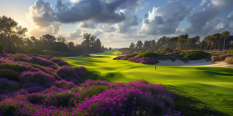 A golf course with vibrant purple flowers in the foreground