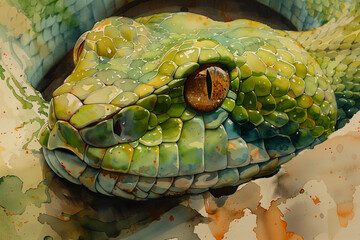 A detailed view of the head of a green snake, showcasing its scales and features
