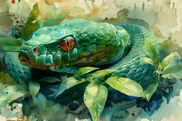 A painting showcasing a green snake coiled on a leafy branch