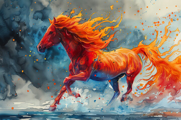 A painting of a red fiery horse galloping through the water