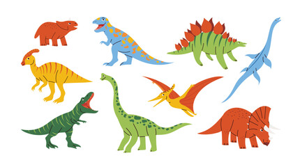 Set with adorable dinosaurs in childish flat design, colorful prehistoric creature. Hand drawn isolated vector illustrations