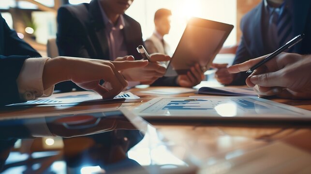 Tablet teamwork and meeting of business people in office discussion Collaboration technology and men or employees with touchscreen planning sales marketing or advertising strategy in c : Generative AI