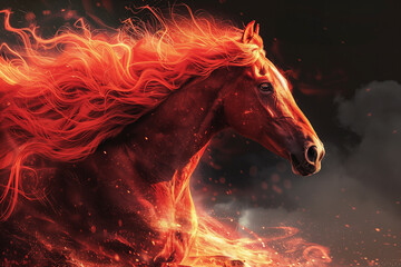 A horse with long hair galloping through a field engulfed in flames