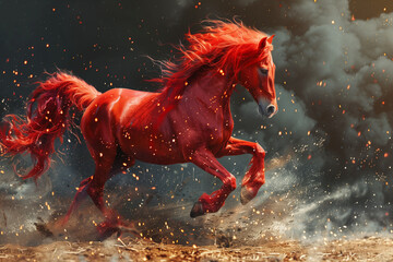 A vibrant red horse energetically running through a lush green grass field