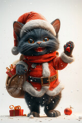 A black cat dressed in a Santa Claus outfit holding a bag