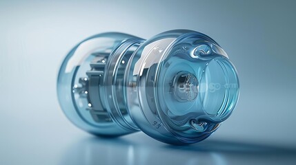 Abstract blue glass object with internal gears.