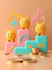 Obraz premium A man climbing stairs with dollar signs floating around him, symbolizing financial success and growth.