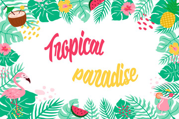 Bright tropical background. Summer jungle illustration with flowers, flamingo, cocktails, palm's leafs. Summer party invitation, banner, sale poster, vector.  
