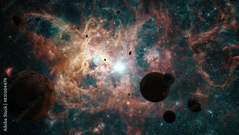 Poster space travel the tarantula nebula. space flight to star field galaxy and nebulae deep space explorat