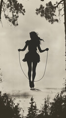 A woman navigating through a forest while holding  skipping rope jumping