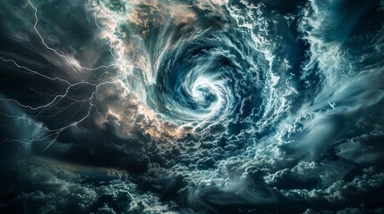 A swirling storm of clouds with a bright orange and blue center