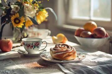 A Breakfast Table Set With A Cinnamon Roll, A Cup Of Tea, Flower Vase And Fruits In The Back, Daylight, Bakery Advertise
